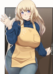 Rule 34 | 1girl, alternate costume, apron, atago (kancolle), blonde hair, blue sweater, breasts, casual, commentary request, cowboy shot, denim, doorway, halftone, halftone background, hand up, highres, jeans, kantai collection, konoshige (ryuun), large breasts, long hair, long sleeves, looking at viewer, mature female, outside border, pale skin, pants, purple eyes, ribbed sweater, smile, solo, sweater, tareme, waving, yellow apron