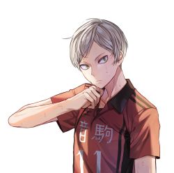 Rule 34 | 10s, 1boy, arm up, bad id, bad pixiv id, clothes writing, collarbone, collared shirt, green eyes, haiba lev, haikyuu!!, head tilt, highres, jersey, kim eb, looking at viewer, male focus, orange shirt, shirt, short sleeves, silver hair, simple background, solo, sportswear, sweat, upper body, wet, white background, wide-eyed, wing collar