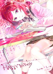 Rule 34 | 10s, 119, 1girl, book, chair, desk, highres, looking at viewer, love live!, love live! school idol project, nishikino maki, pencil, purple eyes, red hair, short hair, table
