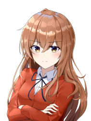 Rule 34 | 1girl, aisaka taiga, blue ribbon, brown eyes, brown hair, chinese commentary, closed mouth, crossed arms, jacket, light blush, long hair, long sleeves, looking at viewer, neck ribbon, one smoke, red jacket, ribbon, shirt, solo, toradora!, upper body, white background, white shirt