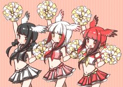 Rule 34 | 10s, 3girls, :d, alternate costume, arm up, black-headed ibis (kemono friends), black hair, blunt bangs, blush, braid, brown hair, cheerleader, cowboy shot, crop top, hair bobbles, hair ornament, hand up, head wings, japanese crested ibis (kemono friends), kemono friends, looking at viewer, midriff, multicolored hair, multiple girls, navel, neckerchief, open mouth, petit ramune, pleated skirt, pom pom (cheerleading), red eyes, red hair, sailor collar, scarlet ibis (kemono friends), short hair, sidelocks, skirt, sleeveless, smile, striped, striped background, tank top, twin braids, twintails, vertical stripes, white hair, wings, yellow eyes