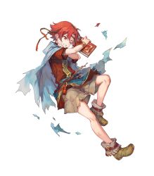 Rule 34 | 1boy, azu-taro, belt, book, boots, bracelet, cape, circlet, ewan (fire emblem), fire emblem, fire emblem: the sacred stones, fire emblem heroes, full body, highres, jewelry, male focus, nintendo, official art, one eye closed, red eyes, red hair, solo, teeth, torn clothes, transparent background