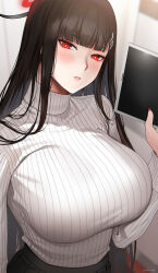 Rule 34 | 1girl, absurdres, black hair, black skirt, blue archive, blunt bangs, blush, breasts, deras, glowing, glowing eyes, hair ornament, hairclip, halo, highres, huge breasts, large breasts, long hair, long sleeves, looking at viewer, parted lips, red eyes, ribbed sweater, rio (blue archive), skirt, solo, sweater, tablet pc, turtleneck, turtleneck sweater, white sweater