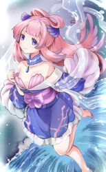 Rule 34 | 1girl, alternate costume, bare shoulders, blunt bangs, bow-shaped hair, breasts, cleavage, collarbone, commentary request, genshin impact, hair ornament, hatoboshi, highres, japanese clothes, kimono, long hair, looking at viewer, low twintails, medium breasts, pendant choker, pink hair, purple eyes, sangonomiya kokomi, see-through, see-through shawl, shawl, short kimono, sidelocks, small breasts, smile, solo, standing, standing on one leg, strapless kimono, twintails