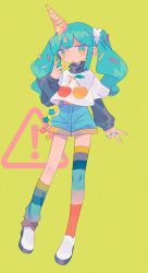 Rule 34 | !, 1girl, aqua eyes, aqua hair, aqua nails, arm at side, asymmetrical legwear, belt, blue shorts, cherry print, daizu (melon-lemon), double v, expressionless, floating, food, food on head, food print, from side, full body, gradient eyes, green background, hair ornament, hair scrunchie, hand up, highres, ice cream, ice cream cone, layered sleeves, long hair, long sleeves, looking at viewer, loose socks, melting, multicolored clothes, multicolored eyes, multicolored legwear, muted color, nail polish, no nose, object on head, on head, original, parted lips, puffy sleeves, scrunchie, shoes, short over long sleeves, short sleeves, shorts, sidelocks, sign, simple background, socks, solo, sprinkles, star (symbol), striped clothes, striped legwear, striped socks, striped thighhighs, thighhighs, turtleneck, twintails, uneven legwear, v, warning sign, wavy hair, white footwear, yellow nails