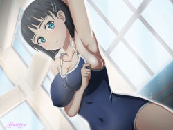 Rule 34 | 1girl, adjusting clothes, adjusting swimsuit, arm behind head, armpits, black hair, blue eyes, blue one-piece swimsuit, breasts, cleavage, clothes pull, collarbone, covered erect nipples, covered navel, dutch angle, hair ornament, hairclip, highres, indoors, kirigaya suguha, looking at viewer, mysteryctu, naughty face, one-piece swimsuit, one-piece swimsuit pull, parted lips, school swimsuit, short hair, sideboob, signature, smile, solo, standing, strap gap, swimsuit, sword art online, teasing