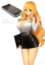Rule 34 | 1girl, apple inc., black-framed eyewear, blonde hair, breasts, brown eyes, cellphone, cleavage, glasses, highres, index finger raised, iphone, large breasts, legs, long hair, meto31, microskirt, no bra, open clothes, open shirt, orange hair, original, pencil skirt, personification, phone, shirt, skirt, smartphone, solo, thighs, unbuttoned, wavy hair