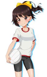Rule 34 | 1girl, alternate hairstyle, arm behind back, ball, bike shorts, black shorts, bow, brown eyes, brown hair, closed mouth, commentary request, cowboy shot, girls und panzer, gym shirt, gym uniform, hair bow, hair up, hand on own hip, highres, holding, holding ball, isobe noriko, looking at viewer, partial commentary, shadow, shirt, short hair, short ponytail, short sleeves, shorts, simple background, smile, solo, standing, t-shirt, tanutika, volleyball, volleyball (object), white background, white shirt, yellow bow
