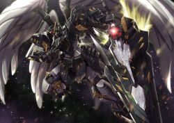 Rule 34 | commentary, commission, english commentary, glowing, glowing eye, green eyes, gundam, gundam wing, gundam wing endless waltz, highres, holding, holding sword, holding weapon, looking at viewer, mecha, mechanical wings, mobile suit, no humans, open hand, original, porukima, redesign, robot, science fiction, solo, space, star (sky), sword, v-fin, weapon, wing gundam zero custom, wings