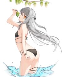 Rule 34 | 1girl, arched back, arm up, ass, bare shoulders, bikini, black bikini, black nails, breasts, closers, food, from behind, fruit, grapes, grey hair, half updo, highres, holding, long hair, looking at viewer, looking back, multi-strapped bikini, nail polish, non-web source, o-ring, o-ring bikini, official art, open mouth, orange eyes, small breasts, solo, string bikini, swimsuit, thighs, tina (closers), very long hair, wading, water