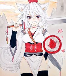 Rule 34 | 1girl, animal ears, black legwear, blush, bow, breasts, choker, cloud, detached sleeves, hand on own hip, hat, holding, holding sword, holding weapon, inubashiri momiji, kourindou tengu costume, leaf, maple leaf, matsuppoi, medium breasts, mountain, nail polish, orange sky, pom pom (clothes), red bow, red eyes, red nails, shield, shikishi, short hair, sky, solo, sword, tail, teeth, tokin hat, touhou, traditional media, weapon, white hair, wide sleeves, wolf ears, wolf tail