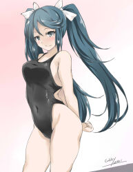Rule 34 | 1girl, black one-piece swimsuit, blue eyes, blue hair, blush, cowboy shot, gakky, gradient background, hair ribbon, hairband, highres, isuzu (kancolle), kantai collection, long hair, looking at viewer, one-piece swimsuit, pink background, ribbon, solo, swimsuit, twintails