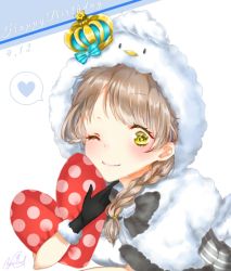 Rule 34 | 1girl, artist name, artist request, aya tori 1129, bird hood, black gloves, blue bow, blush, bow, braid, breasts, brown eyes, brown hair, capelet, cleavage, crown, elbow gloves, female focus, fur-trimmed gloves, fur trim, gloves, heart, heart-shaped pillow, hood, hood up, hooded capelet, light brown hair, long hair, looking at viewer, love live!, love live! school idol festival, love live! school idol project, medium breasts, minami kotori, mini crown, one eye closed, parted lips, pillow, shirt, single braid, smile, solo, striped, striped bow, tilted headwear, upper body, white background, white capelet, white shirt
