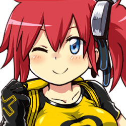 Rule 34 | 1girl, aiba ami, blue eyes, blush, digimon, lowres, one eye closed, red hair, simple background, solo, white background, wink