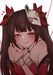 Rule 34 | 1girl, absurdres, bare shoulders, black choker, bright pupils, brown hair, chest tattoo, choker, fox mask, grin, hand up, highres, honkai: star rail, honkai (series), index finger raised, long hair, looking at viewer, mask, mask on head, red eyes, smile, solo, sparkle (honkai: star rail), tattoo, twintails, upper body, white pupils, wifi saga