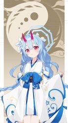 Rule 34 | 1girl, :o, blue archive, blue bow, blue hair, blue halo, blue trim, border, bow, braid, chise (blue archive), commentary request, detached sleeves, egasumi, hair between eyes, halo, hand up, highres, horns, japanese clothes, kimono, long hair, looking at viewer, low twin braids, nekohantenneko, obi, obijime, oni, print kimono, red eyes, red horns, sailor collar, sash, short kimono, skin-covered horns, sleeves past wrists, solo, twin braids, very long hair, white border, white kimono, white sailor collar, wide sleeves, yin yang