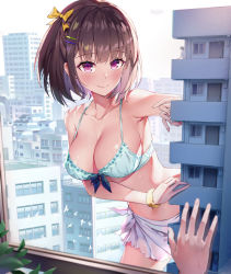 Rule 34 | 1boy, 1girl, apple (luffy123), bird, bow, bra, breasts, brown hair, building, cleavage, collarbone, giant, giantess, green bra, hair bow, large breasts, looking at viewer, original, pov, pov hands, purple eyes, scrunchie, short hair, smile, underwear, waving, wrist scrunchie, yellow bow