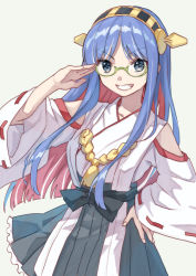Rule 34 | 1girl, bespectacled, blue eyes, blue hair, breasts, cosplay, detached sleeves, frilled skirt, frills, glasses, green-framed eyewear, grey background, grin, hand on own hip, headgear, japanese clothes, kantai collection, kirishima (kancolle), kirishima (kancolle) (cosplay), long hair, mitsuyo (mituyo324), multicolored hair, nontraditional miko, red hair, ribbon-trimmed sleeves, ribbon trim, simple background, skirt, smile, solo, south dakota (kancolle), white hair, wide sleeves