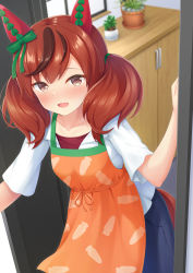 Rule 34 | 1girl, 7fuji 06, absurdres, alternate costume, animal ears, apron, blurry, blurry background, brown eyes, casual, collarbone, commentary request, doorway, highres, horse ears, horse girl, horse tail, medium hair, nice nature (umamusume), open mouth, opening door, pov doorway, red hair, solo, tail, umamusume