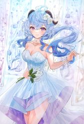 Rule 34 | 1girl, alternate costume, bare arms, bare shoulders, blue hair, blurry, blurry background, breasts, choker, cleavage, closed mouth, cowboy shot, dress, flower, ganyu (genshin impact), genshin impact, goat horns, herbarium, highres, holding, holding flower, horns, lace, lace choker, long hair, looking at viewer, medium breasts, minausa, purple eyes, sidelocks, smile, solo, thighs, white choker, white dress, white flower, wrist cuffs