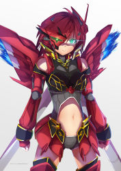 Rule 34 | 1girl, breasts, clenched hands, clothing cutout, cowlick, floating hair, glowing, glowing eyes, green eyes, gundam, gundam unicorn, half mask, highres, i.takashi, mask, mecha musume, medium breasts, midriff, navel, one eye covered, personification, red hair, short hair, sinanju, solo, stomach cutout, thrusters, zeon