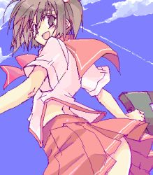 Rule 34 | 00s, 10mo, 1girl, :d, arched back, ass, blue sky, contrail, day, from behind, looking at viewer, looking back, lowres, oekaki, open mouth, pleated skirt, red skirt, sailor collar, school uniform, serafuku, skirt, sky, smile, solo, to heart (series), to heart 2, upskirt, yuzuhara konomi