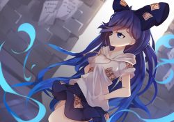 Rule 34 | 1girl, angry, antinomy of common flowers, blue eyes, blue fire, blue hair, fire, frown, hair ribbon, hands in pockets, highres, looking to the side, paper, resonet, ribbon, standing, talismans, touhou, wall, yorigami shion