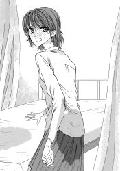 Rule 34 | bed, bedwetting, blush, curtains, embarrassed, feet, female focus, from behind, highres, indoors, long sleeves, looking back, medium hair, mitaray, monochrome, open mouth, original, pee, pee stain, peeing, peeing self, pleated skirt, puddle, school uniform, skirt, standing, sweatdrop, tearing up, wet, wet clothes, wet skirt