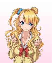 Rule 34 | 1girl, asymmetrical bangs, asymmetrical hair, blonde hair, blue eyes, blue scrunchie, bow, bowtie, breasts, breasts squeezed together, cardigan, cleavage, closed mouth, collarbone, dress shirt, drill hair, earrings, emblem, galko, gradient background, green eyes, hair bun, highres, jewelry, large breasts, long hair, long sleeves, looking at viewer, one side up, oshiete! galko-chan, ozaneko, pink background, red bow, red bowtie, school uniform, scrunchie, shirt, side bun, single side bun, sitting, smile, solo, sweater, upper body, white shirt, yellow sweater