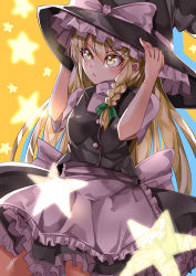 Rule 34 | 1girl, absurdres, apron, back bow, black hat, black skirt, black vest, blonde hair, blouse, bow, braid, breasts, closed mouth, commentary request, cowboy shot, frilled apron, frilled skirt, frills, hair between eyes, hands on headwear, hat, highres, kirisame marisa, large hat, long hair, mahoro (minase mahoro), shirt, short sleeves, single braid, skirt, skirt set, small breasts, solo, star (symbol), touhou, very long hair, vest, waist apron, white apron, white bow, white shirt, witch hat, yellow background, yellow eyes