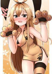 Rule 34 | 1girl, absurdres, alternate costume, animal hands, blonde hair, blush, china dress, chinese clothes, cowboy shot, dress, fang, gloves, hair between eyes, highres, kantai collection, long hair, open mouth, paw gloves, shimakaze (kancolle), single thighhigh, solo, striped clothes, striped thighhighs, tail, thighhighs, tiemu (man190), tiger paws, tiger tail, yellow dress, yellow eyes