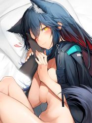 Rule 34 | 1girl, ;), absurdres, animal ears, arknights, bed sheet, black coat, blue hair, blush, bottomless, breasts, closed mouth, coat, colored inner hair, disembodied hand, hand on another&#039;s cheek, hand on another&#039;s face, heart, highres, long hair, long sleeves, looking at viewer, lying, medium breasts, multicolored hair, naked coat, navel, no bra, on bed, on side, one eye closed, pillow, red hair, smile, solo focus, tab head, tail, texas (arknights), two-tone hair, wolf ears, wolf tail, yellow eyes
