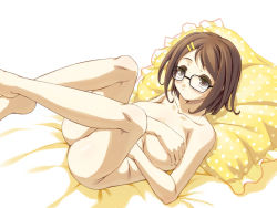 Rule 34 | bed, breast hold, breasts, brown eyes, brown hair, glasses, large breasts, nude, original, pillow, short hair, solo, yousisi