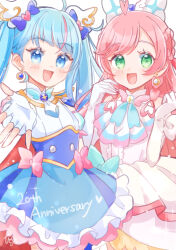 Rule 34 | 2girls, :d, anko maccha, anniversary, armband, artist name, blue dress, blue eyes, blue hair, braid, braided sidelock, brooch, crown braid, cure prism, cure sky, dress, earrings, elbow gloves, english text, fingerless gloves, frilled dress, frills, gloves, green eyes, hair ornament, heart, high collar, highres, hirogaru sky! precure, jewelry, long hair, magical girl, multiple girls, open mouth, pink hair, precure, reaching, reaching towards viewer, short dress, side-by-side, signature, sleeveless, sleeveless dress, smile, sparkle, twin braids, twintails, white dress, white gloves
