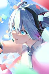 Rule 34 | 1girl, absurdres, balloon, black hairband, black sleeves, blue eyes, blue hair, blue necktie, collared shirt, day, detached sleeves, hair between eyes, hairband, hatsune miku, headphones, headset, highres, long hair, microphone, necktie, open mouth, outdoors, satellite999, shirt, sleeveless, sleeveless shirt, solo, twintails, upper body, vocaloid, white shirt, wing collar