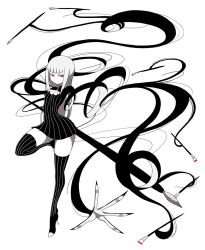 Rule 34 | 1girl, female focus, full body, greyscale, high heels, ken (koala), long hair, monochrome, prehensile hair, red eyes, shoes, simple background, solo, spot color, striped clothes, striped thighhighs, thighhighs, very long hair, white background, white hair