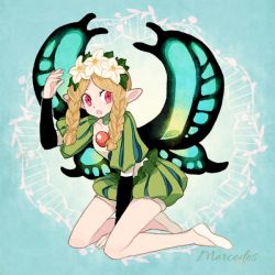 Rule 34 | 1girl, bad id, bad pixiv id, blonde hair, braid, butterfly wings, character name, flower, insect wings, kneeling, l hakase, mercedes (odin sphere), odin sphere, open mouth, puff and slash sleeves, puffy pants, puffy short sleeves, puffy sleeves, red eyes, short sleeves, solo, white footwear, wings
