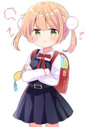 Rule 34 | 1girl, ahoge, backpack, bag, belt, belt buckle, black dress, blonde hair, blunt bangs, blush, bow, bowtie, buckle, closed mouth, cowboy shot, crime prevention buzzer, crossed arms, dress, eyebrows hidden by hair, glaring, green eyes, hair ornament, highres, indie virtual youtuber, long hair, nanami ayane (kusunoki5050), pinafore dress, pleated skirt, pom pom (clothes), pom pom hair ornament, red ribbon, ribbon, school bag, shigure ui (vtuber), shigure ui (vtuber) (young), shirt, sidelocks, simple background, skirt, sleeveless, sleeveless dress, smile, standing, twintails, virtual youtuber, wavy mouth, white shirt