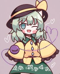 Rule 34 | +++, 1girl, ;d, absurdres, black hat, blush, bow, buttons, choker, diamond button, floral print, frilled shirt collar, frilled sleeves, frills, green eyes, green hair, green skirt, hair between eyes, hat, hat bow, heart, heart of string, highres, komeiji koishi, light green hair, long sleeves, looking at viewer, medium hair, one eye closed, open mouth, rose print, shirt, simple background, skirt, sleeves past fingers, sleeves past wrists, smile, solo, third eye, touhou, waroemon, yellow bow, yellow shirt