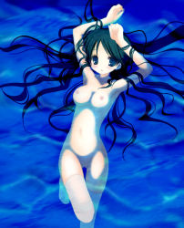 Rule 34 | 1girl, armpits, arms up, black hair, blue eyes, breasts, long hair, lying, nekomiya nao, nipples, nude, on back, original, partially submerged, solo, thigh gap, thighhighs, thighs, wading, water, wet, white thighhighs