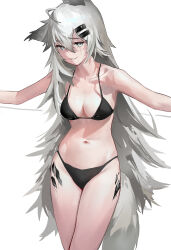 Rule 34 | 1girl, absurdres, ahoge, animal ear fluff, animal ears, arknights, bikini, black bikini, breasts, cleavage, collarbone, grey eyes, grey hair, hair between eyes, hair ornament, hairclip, highres, lappland (arknights), long hair, looking at viewer, material growth, medium breasts, oripathy lesion (arknights), outstretched arms, rui (woyoudabing rui), scar, scar across eye, scar on face, simple background, smile, solo, spaghetti strap, spread arms, swimsuit, tail, very long hair, white background, wolf ears, wolf girl, wolf tail