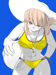 Rule 34 | 1girl, ball, beachball, bikini, braid, breasts, fate/grand order, fate (series), florence nightingale (fate), hat, hikizan, large breasts, leaning forward, long hair, looking at viewer, pink hair, red eyes, smile, solo, sun hat, swimsuit, white hat