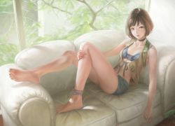 Rule 34 | 1girl, anklet, bare shoulders, barefoot, bikini, bikini top only, bob cut, breasts, brown eyes, brown hair, choker, couch, feet, front-tie top, highres, jewelry, legs, lips, long legs, looking at viewer, midriff, nababa, navel, parted lips, short hair, short shorts, shorts, sitting, small breasts, solo, swimsuit, vest