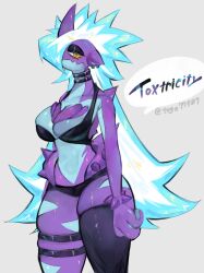 Rule 34 | asymmetrical legwear, blue hair, blue skin, bra, breasts, cleavage, colored skin, creatures (company), ear piercing, eyeshadow, furry, furry female, game freak, gen 8 pokemon, highres, horns, large breasts, looking at viewer, makeup, midriff, multicolored hair, navel, nintendo, piercing, pokemon, pokemon (creature), purple skin, reptile girl, short shorts, shorts, spikes, thick thighs, thighs, togetoge, toxtricity, toxtricity (low key), underwear, white hair, wide hips, yellow eyes