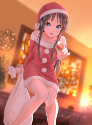Rule 34 | 1girl, :d, akiyama mio, bag, black hair, blue eyes, collarbone, commentary request, dresstrip, food, fruit, hat, hime cut, holding, holding bag, holding food, holding fruit, indoors, k-on!, long hair, looking at viewer, open mouth, santa costume, santa hat, smile, solo, strawberry, thighs