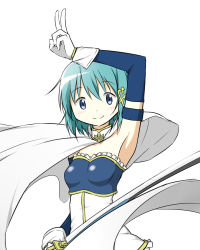 Rule 34 | 10s, 1girl, armband, armpits, blue eyes, blue hair, cape, closed mouth, fortissimo, gloves, hair ornament, hairclip, highres, magical girl, mahou shoujo madoka magica, mahou shoujo madoka magica (anime), mahou shoujo madoka magica movie 1 &amp; 2, matching hair/eyes, miki sayaka, mino (shoya00), musical note, musical note hair ornament, short hair, simple background, smile, solo, standing, sword, v, weapon, white background