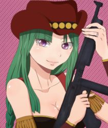 Rule 34 | 1girl, bare shoulders, bisca mulan, bra, breasts, cleavage, collarbone, cowboy hat, fairy tail, green hair, gun, hat, jewelry, large breasts, long hair, looking at viewer, purple eyes, ring, smile, solo, underwear, upper body, vest, weapon