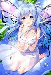 Rule 34 | 1girl, :d, absurdres, bad source, bare arms, bare shoulders, barefoot, blue eyes, blue flower, blue hair, blush, breasts, butterfly choker, butterfly wings, choker, cleavage, cupping hands, day, dress, emori miku, flower, from above, full body, hair ribbon, highres, insect wings, lace, lace choker, large breasts, light rays, liver city, long hair, looking at viewer, masuishi kinoto, on flower, one side up, open mouth, outdoors, own hands together, ribbon, see-through, seiza, sitting, sleeveless, sleeveless dress, smile, solo, spaghetti strap, sparkle, sundress, water, water drop, holding water, white dress, white ribbon, wings