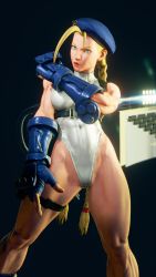 Rule 34 | 1girl, 3d, alternate color, antenna hair, bare shoulders, blonde hair, blue eyes, blue gloves, blue hat, braid, breasts, cammy white, clenched hand, covered navel, curvy, gloves, groin, hat, highleg, highleg leotard, highres, large breasts, leotard, lips, long hair, ryona, screencap, shiny clothes, solo, street fighter, street fighter v, thighs, third-party edit, thong leotard, twin braids, very long hair, white leotard, wide hips