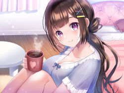 Rule 34 | 1girl, absurdres, bed, bedroom, blue shirt, blush, breasts, brown hair, cleavage, closed mouth, coffee, coffee cup, collarbone, cup, curtains, disposable cup, hair ornament, hairclip, highres, indoors, knees up, koyama sao, large breasts, long hair, looking at viewer, non-web source, original, purple eyes, rug, shirt, sidelocks, sitting, smile, solo, table, wooden floor, x hair ornament